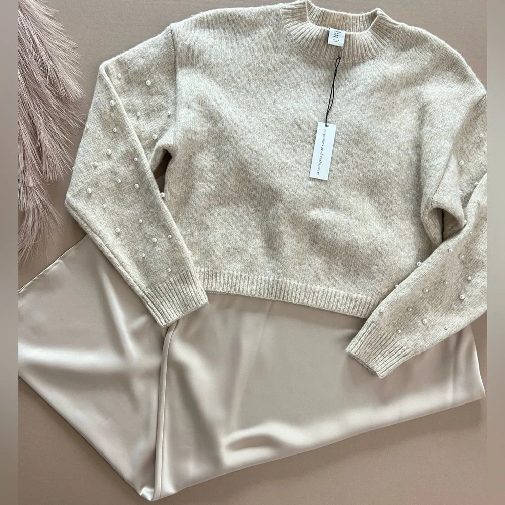 Cupcakes & Cashmere Pearl Sweater Satin Skirt Set Champagne Medium